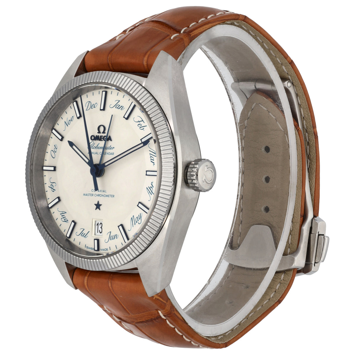 Omega Constellation Globemaster stainless watch side view with white dial and brown leather strap