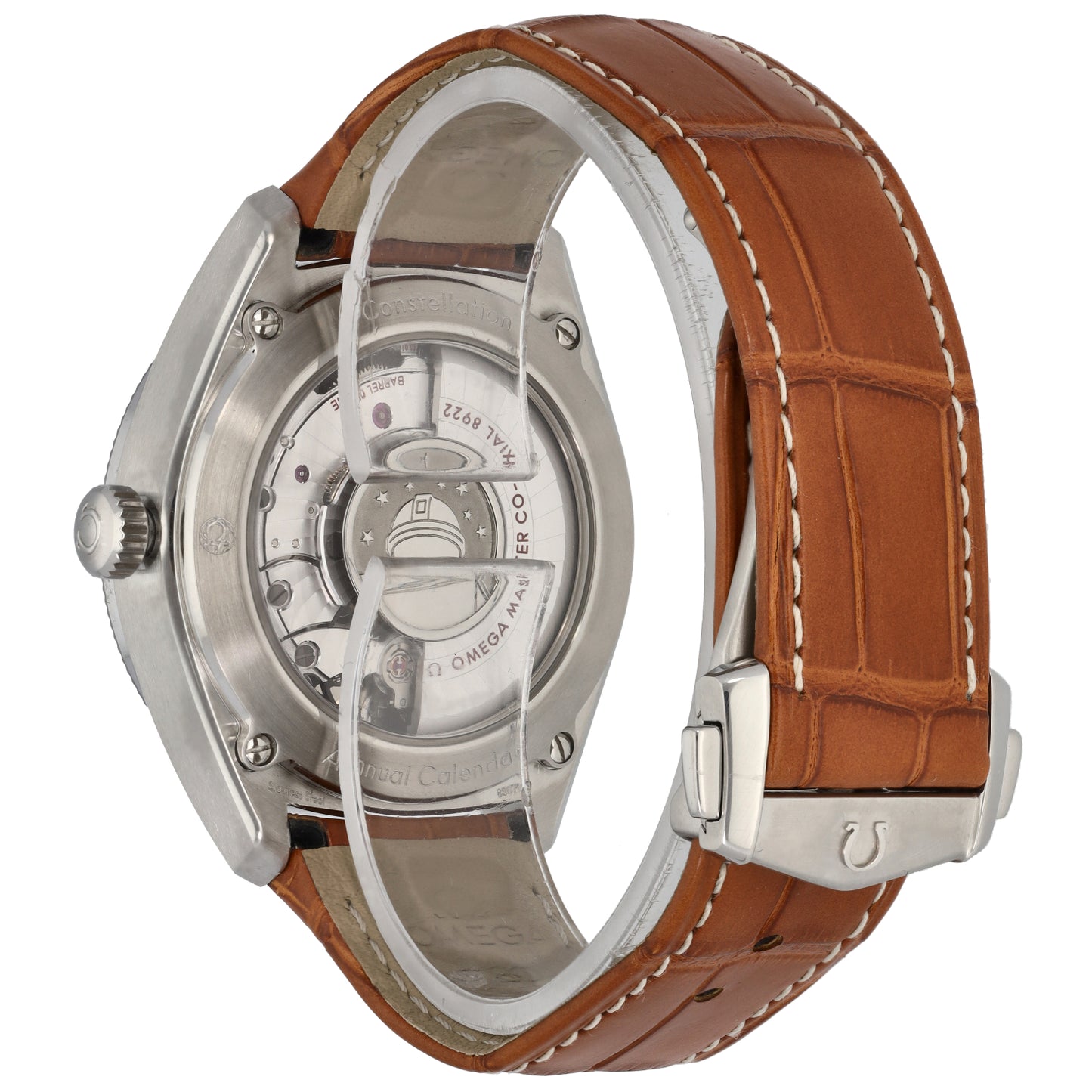 Omega Constellation Globemaster stainless watch back view with brown leather strap and transparent case