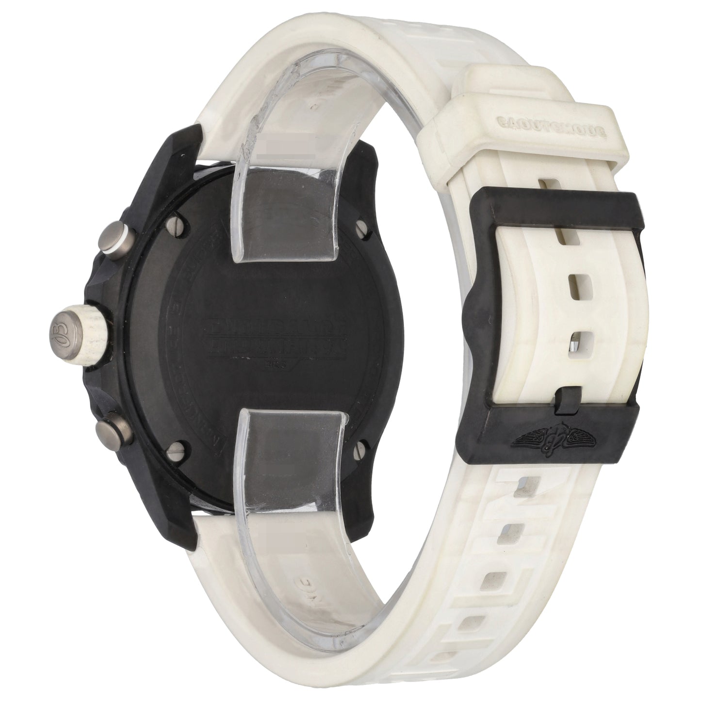Breitling Endurance Pro X82310 sports watch caseback view with black back and white rubber strap