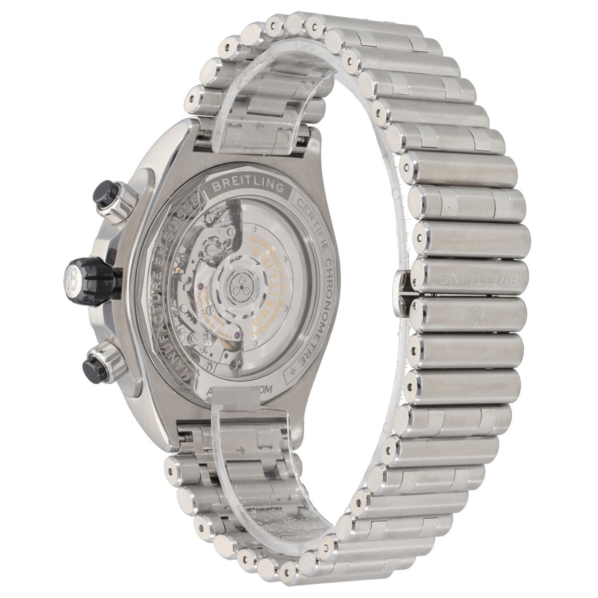 Breitling Super Chronomat AB0136 Stainless steel watch caseback with exposed movement and linked bracelet, dark dial not shown