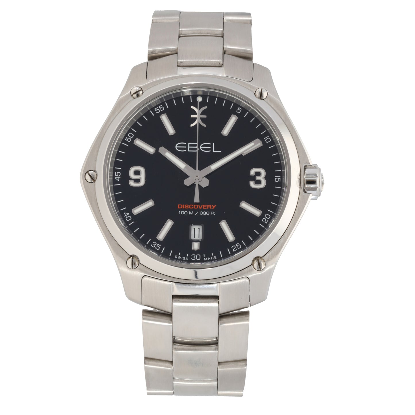 Ebel Discovery 04.1.14.1089 Stainless steel wristwatch with black dial, three-hand display, and metal bracelet