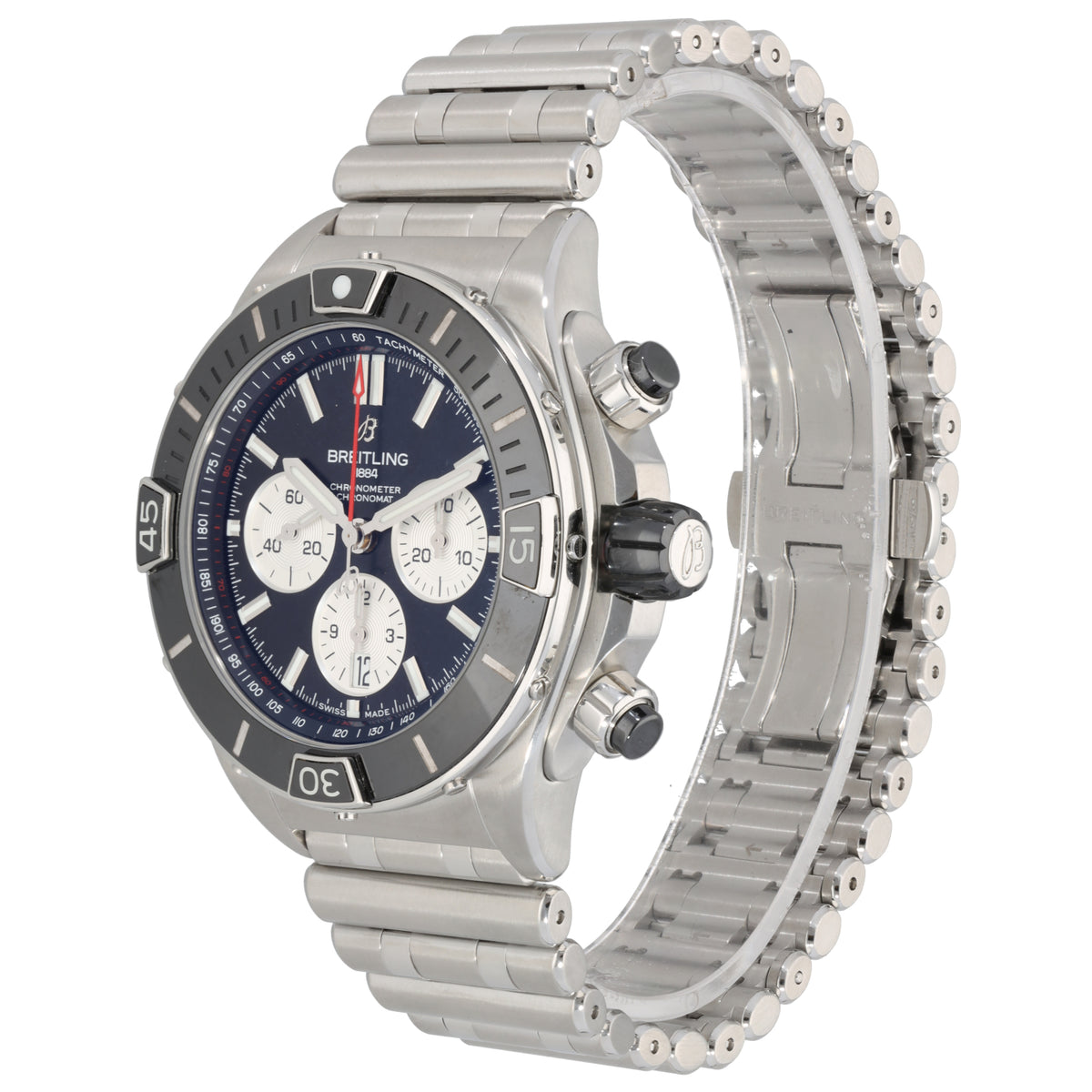 Breitling Super Chronomat AB0136 Stainless steel chronograph watch side profile with dark blue dial and screw-down pushers