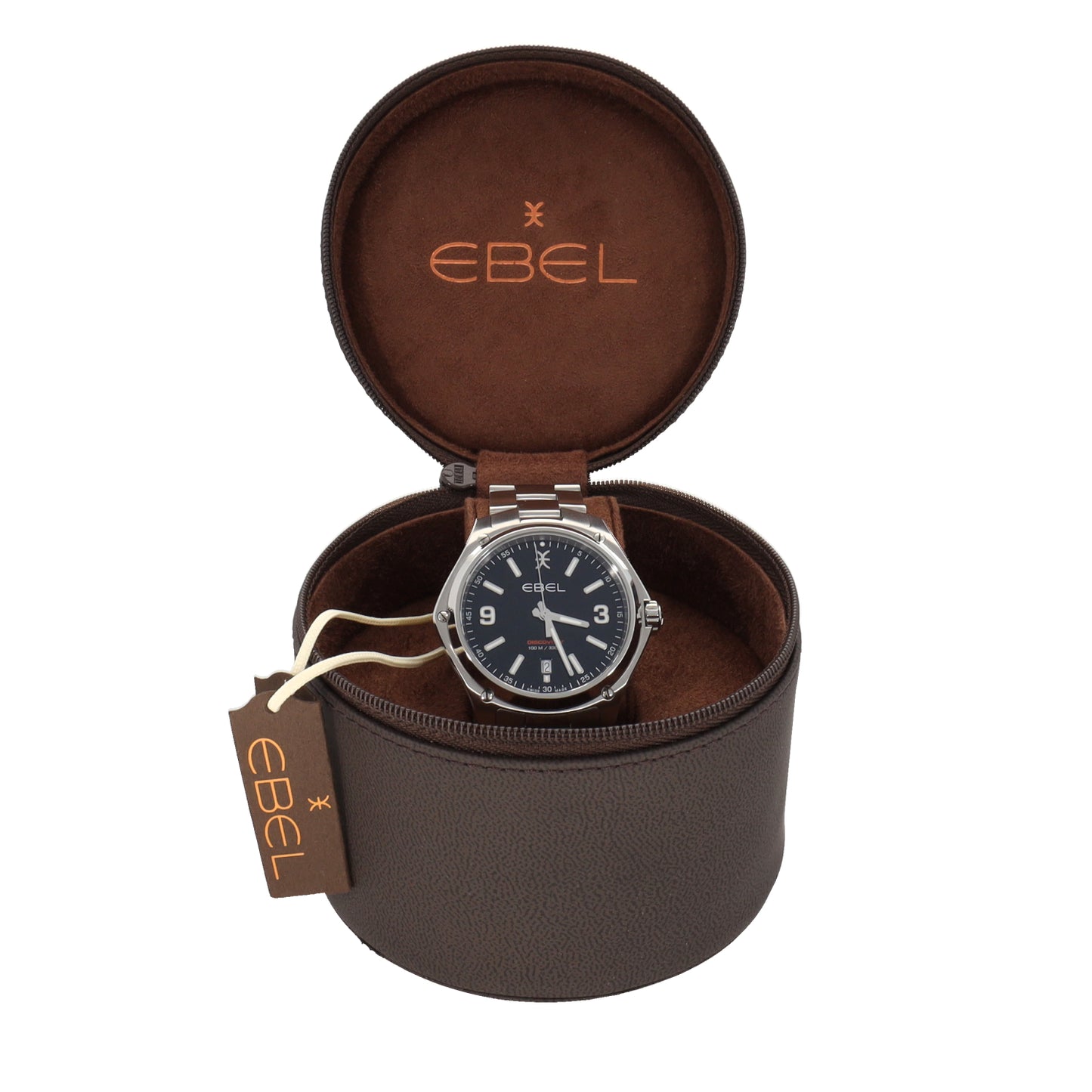 Ebel Discovery 04.1.14.1089 stainless steel wristwatch with black dial in brown zip case