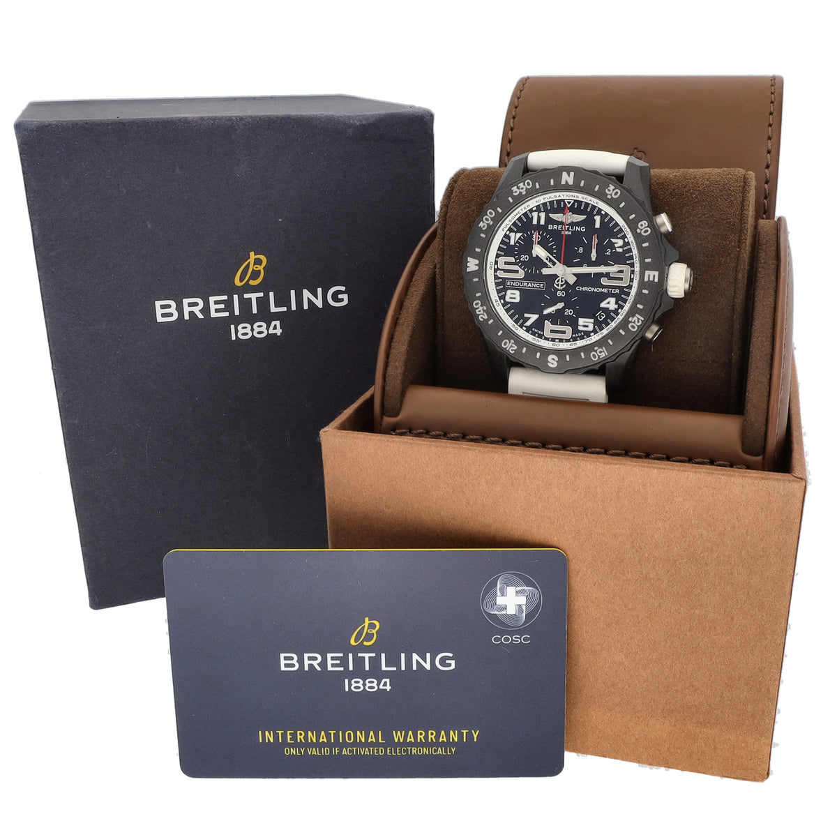 Breitling Endurance Pro X82310 watch set in gift box with warranty card, black dial and black rubber strap