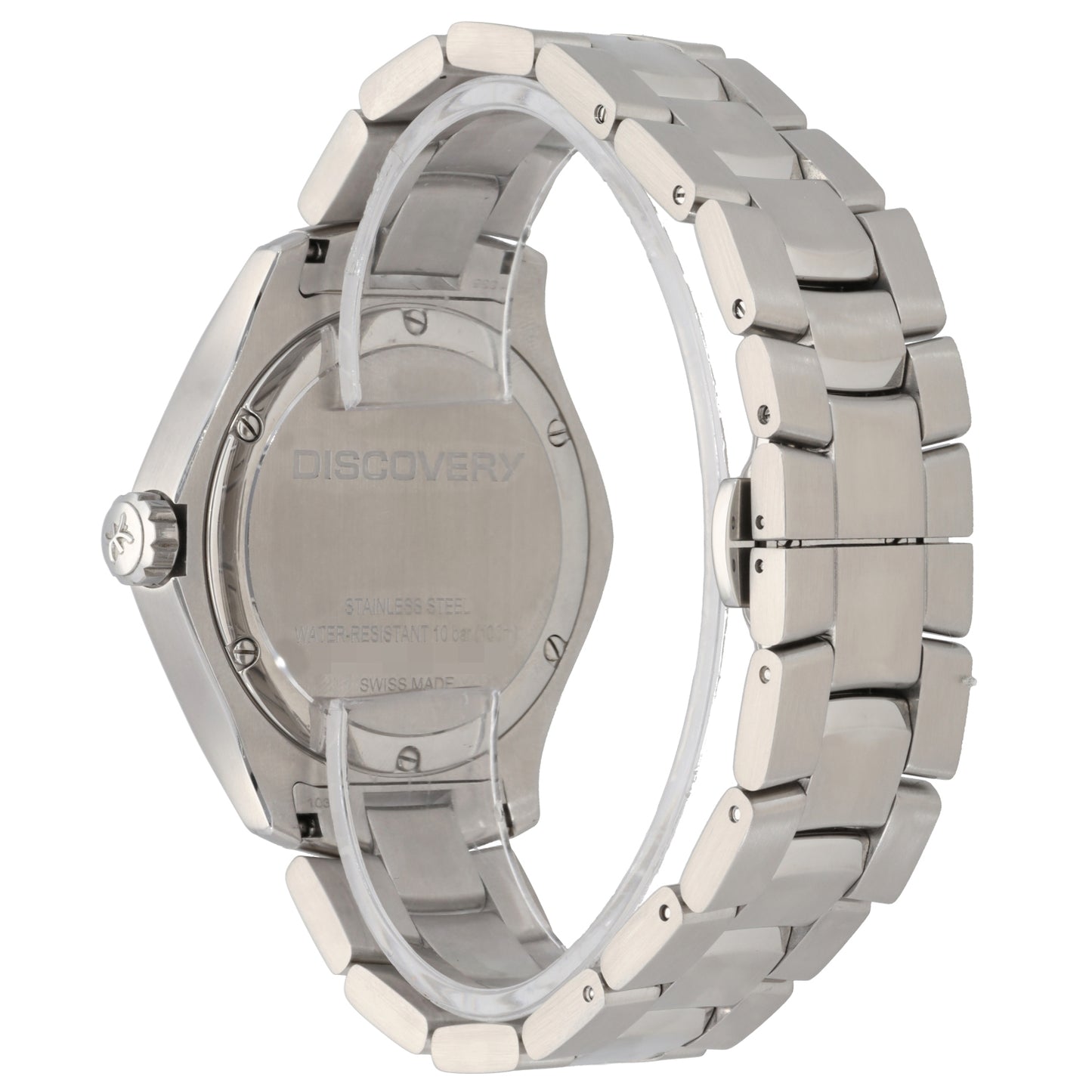 Ebel Discovery 04.1.14.1089 Stainless steel wristwatch back case view with metal bracelet and crown