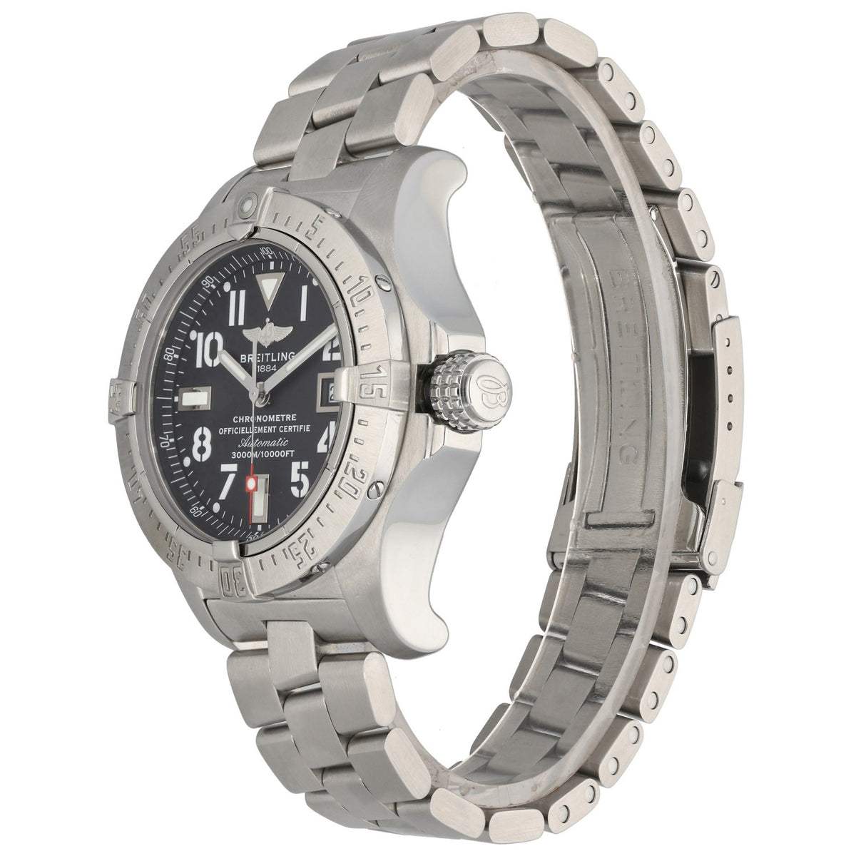 Breitling Avenger Seawolf A17330 Stainless steel wristwatch side view with link bracelet and crown