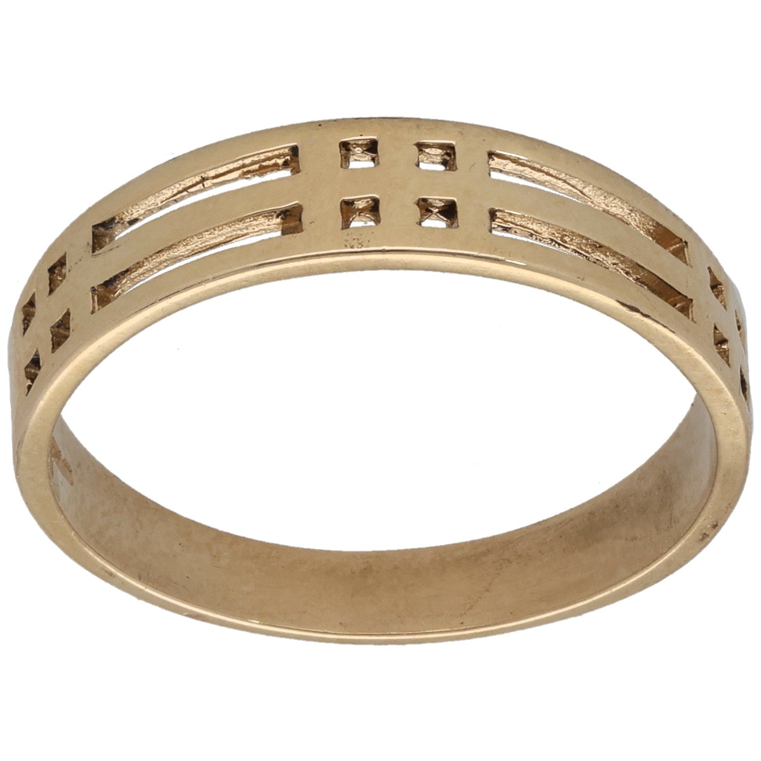 Gold-tone ring band with square cutouts and small inset stones on top