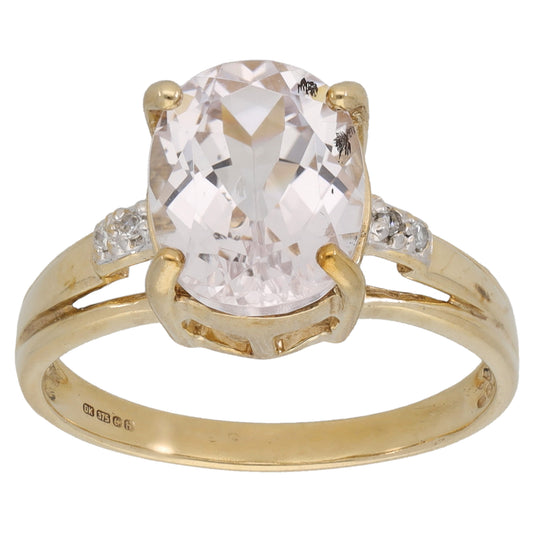 9ct Gold Kunzite & 0.04ct Diamond Single Stone Ring with Accent Stones Size N