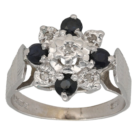 9ct White Gold Sapphire & 0.05ct Diamond Dress/Cocktail Ring Size R