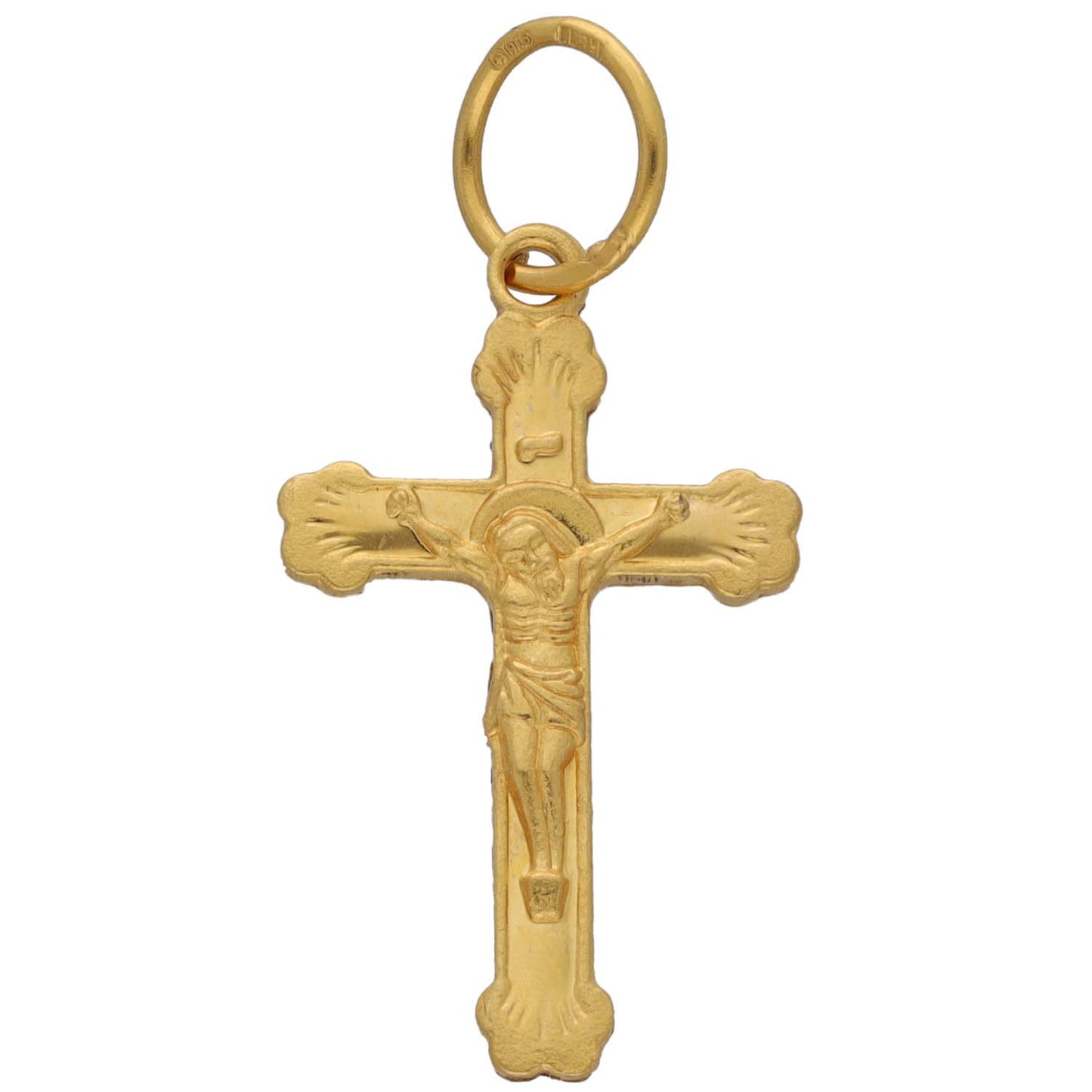 Gold crucifix pendant with small loop bail, detailed front relief cross