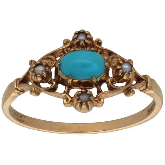 9ct Gold Turquoise & Pearl Dress/Cocktail Ring Size S