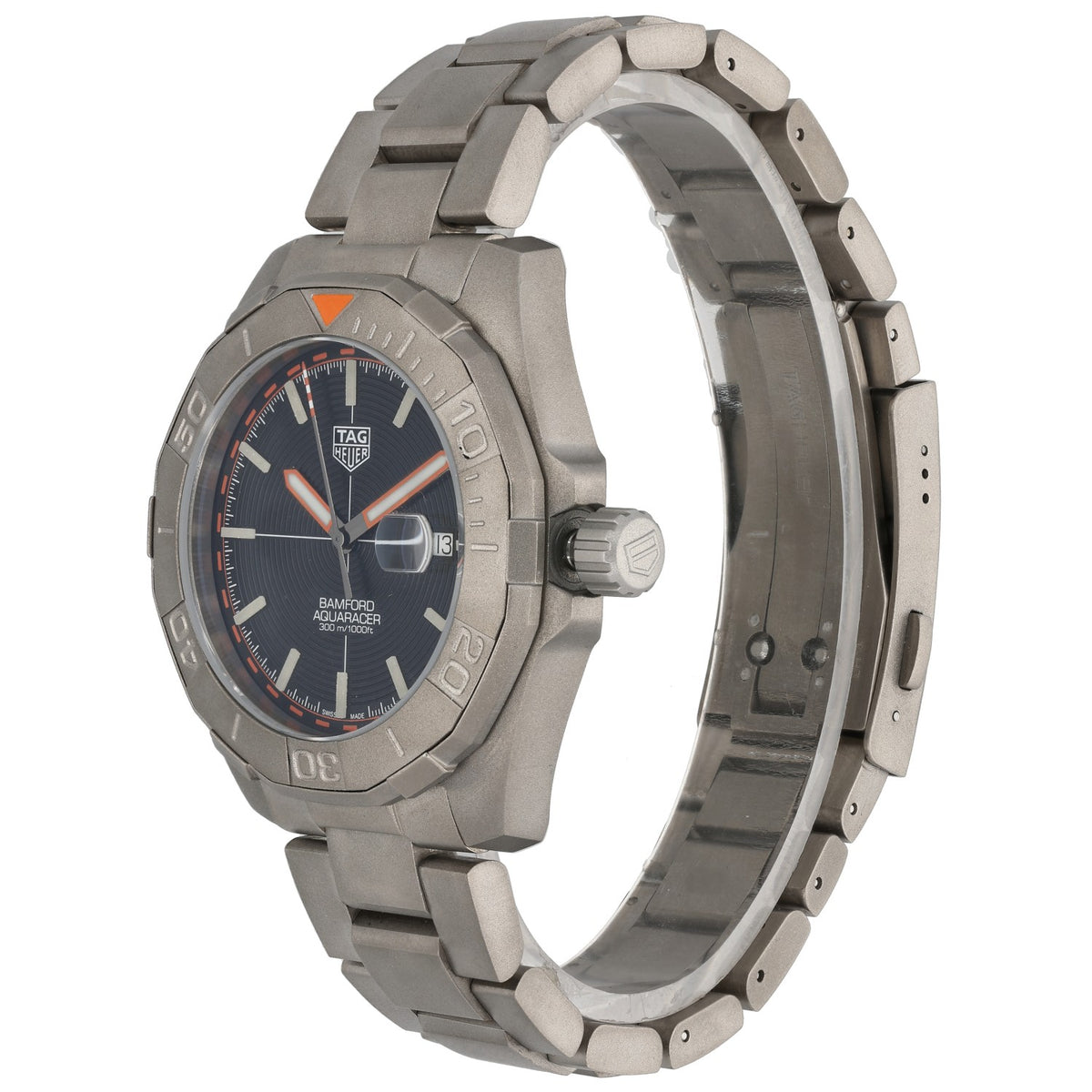 Tag Heuer Aquaracer WAY208F Titanium diver watch side view with orange-accent black dial and link bracelet