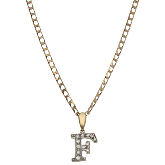 9ct Gold Cubic Zirconia Initial 'F' Pendant With Chain