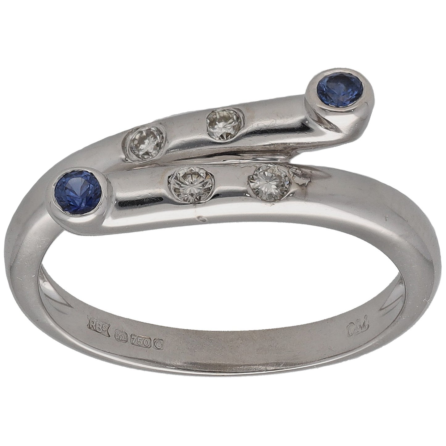 White gold ring with round blue sapphires and small round diamond accents