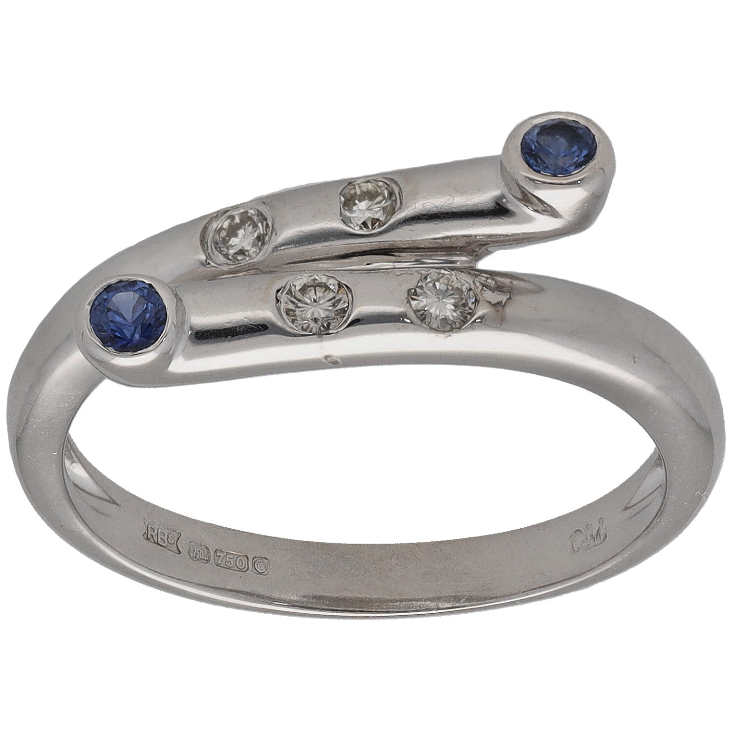 White gold ring with round blue sapphires and small round diamond accents