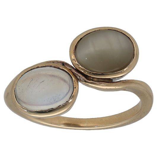 9ct Gold Moonstone & Chrysoberyl Two Stone Ring Size K