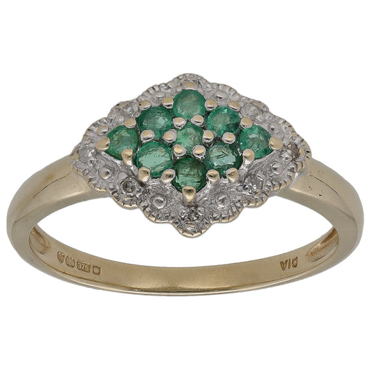 9ct gold cocktail ring with oval emerald cluster and round diamond halo