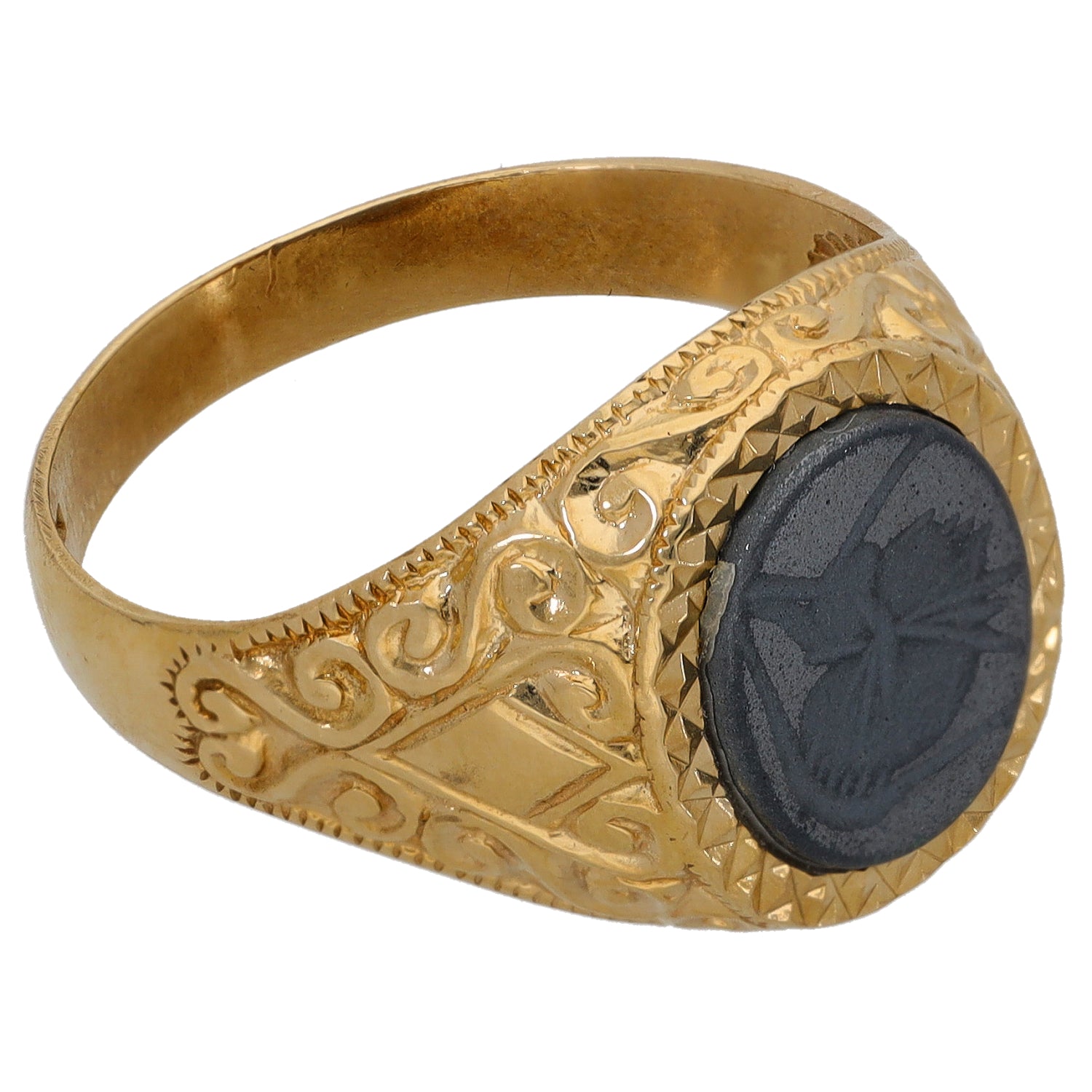 9ct gold signet ring with dark hematite oval crest and engraved border
