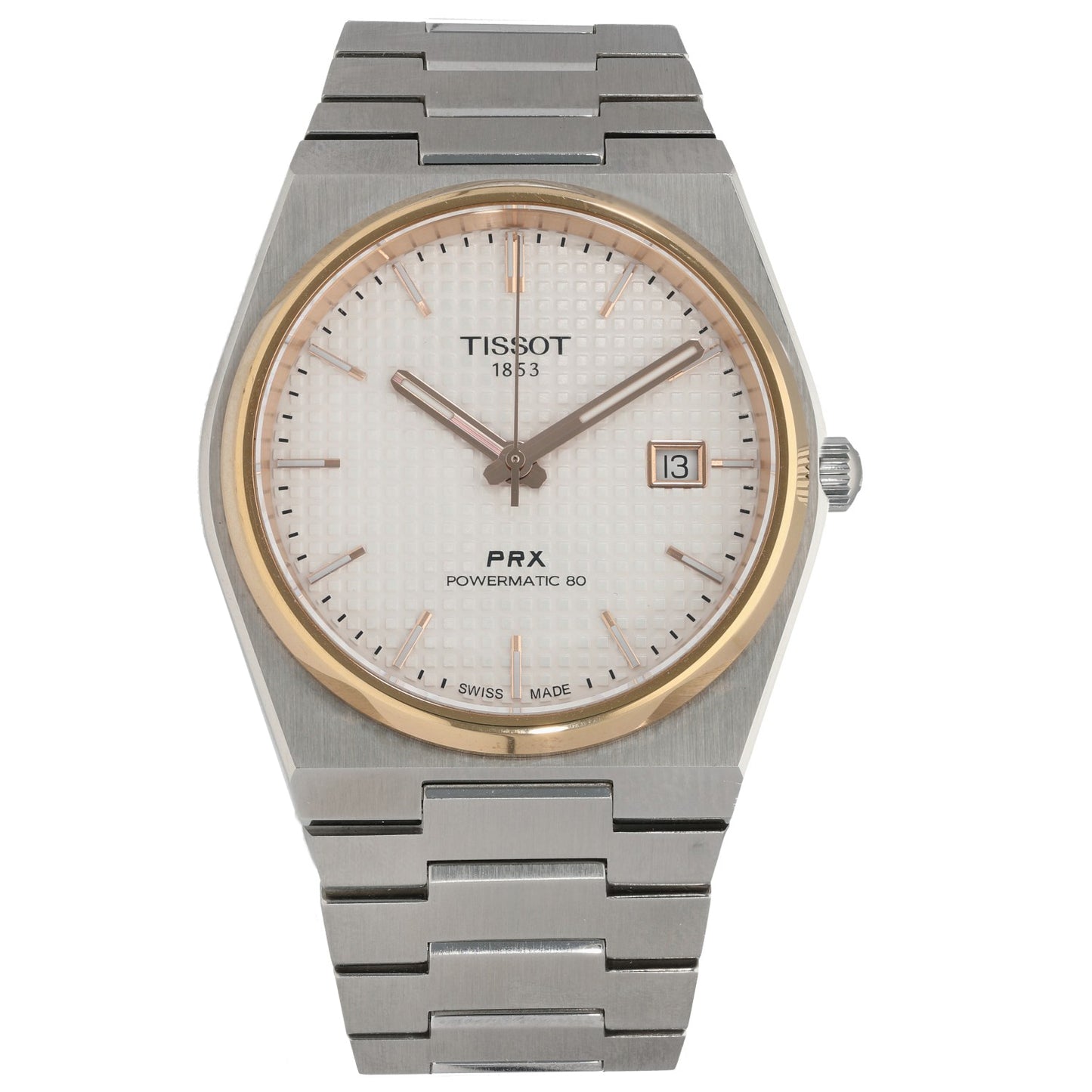 Tissot Vintage t137407a PRX automatic watch with gold-tone bezel, silver dial, stainless bracelet