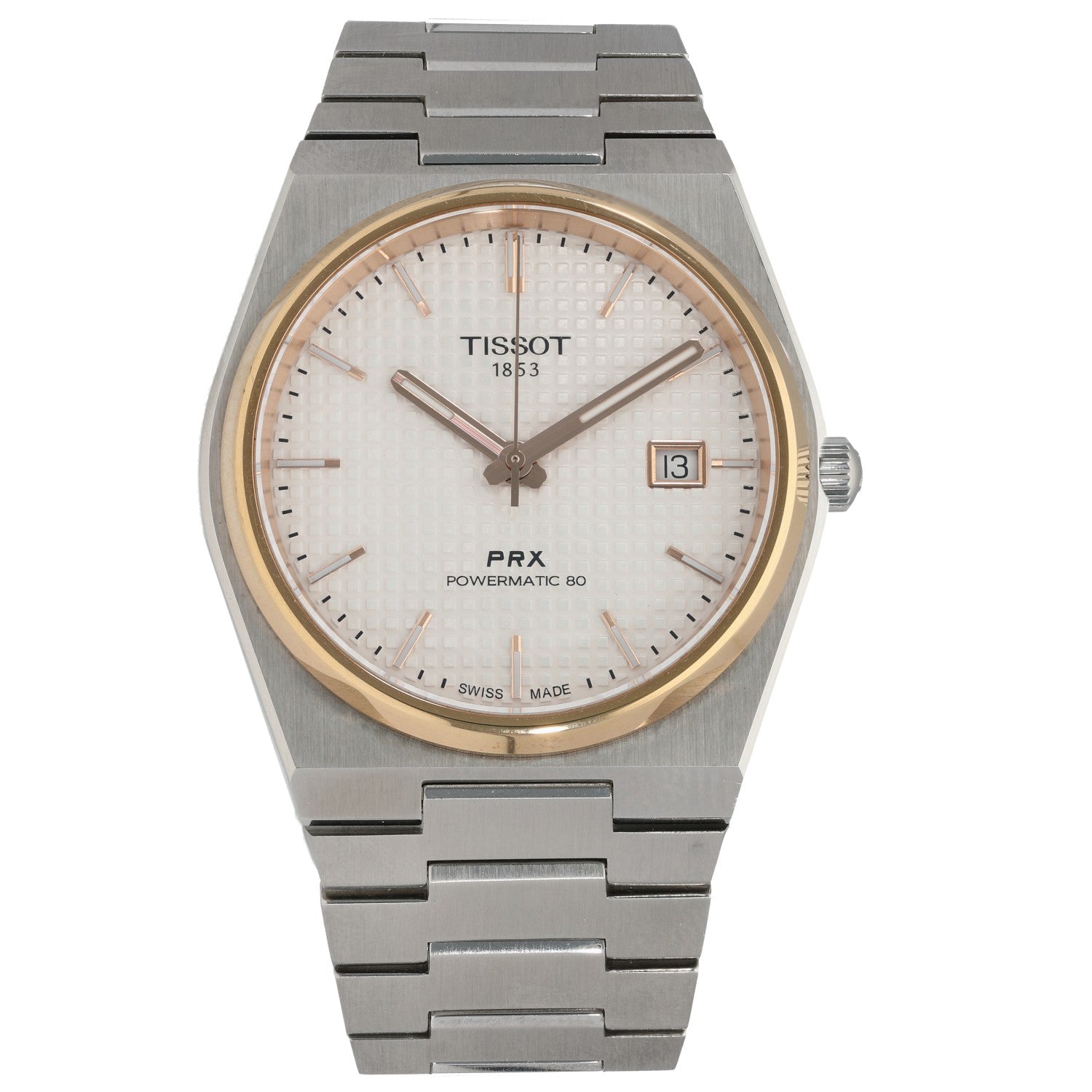 Tissot Vintage t137407a PRX automatic watch with gold-tone bezel, silver dial, stainless bracelet