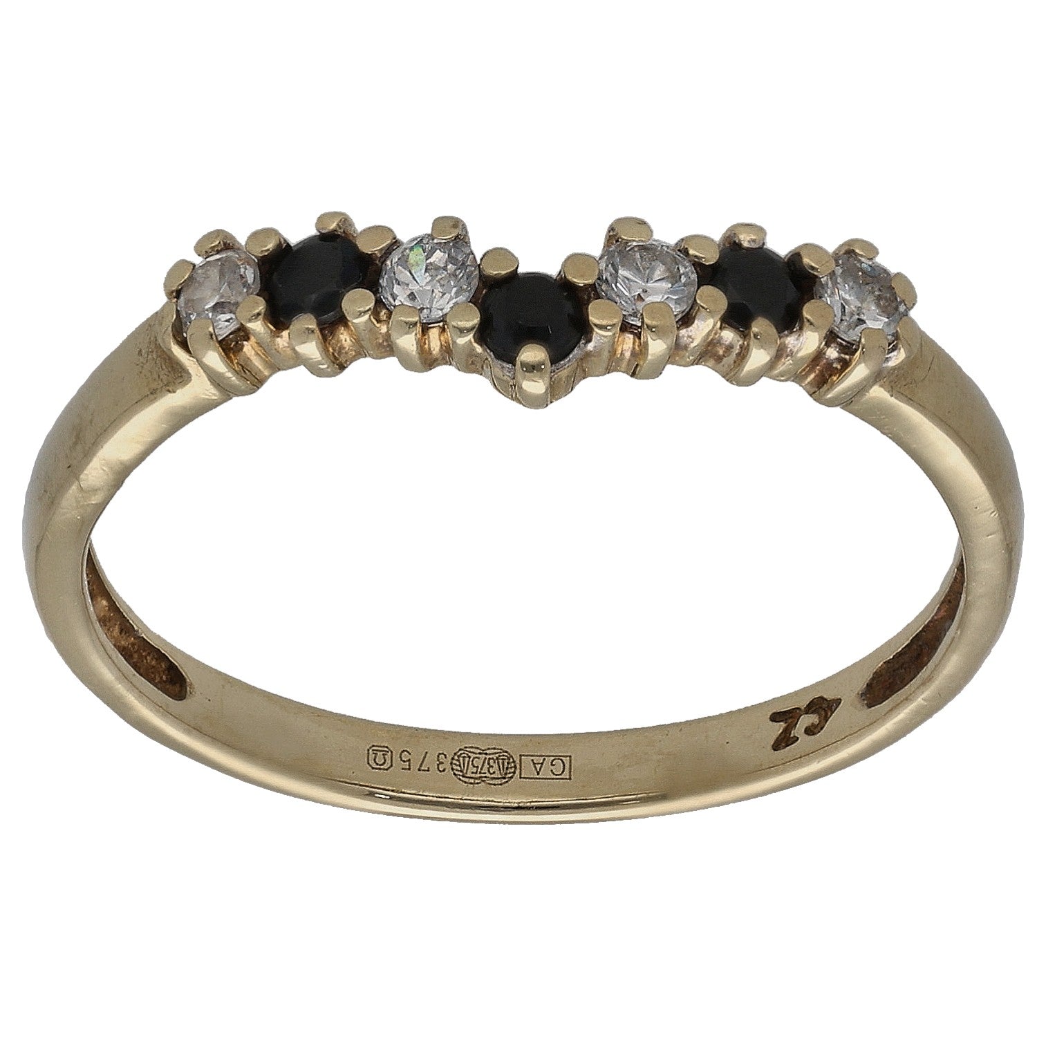 9ct gold wishbone ring with three clear stones and two black stones