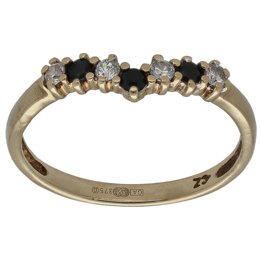 9ct gold wishbone ring with three clear stones and two black stones