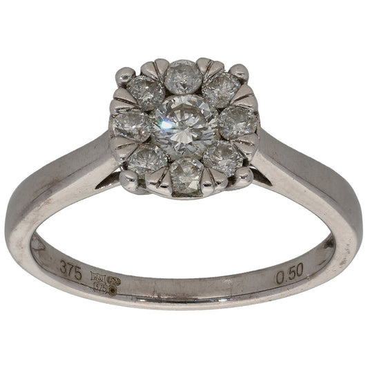 9ct White Gold 0.50ct Diamond Cluster Ring Size M