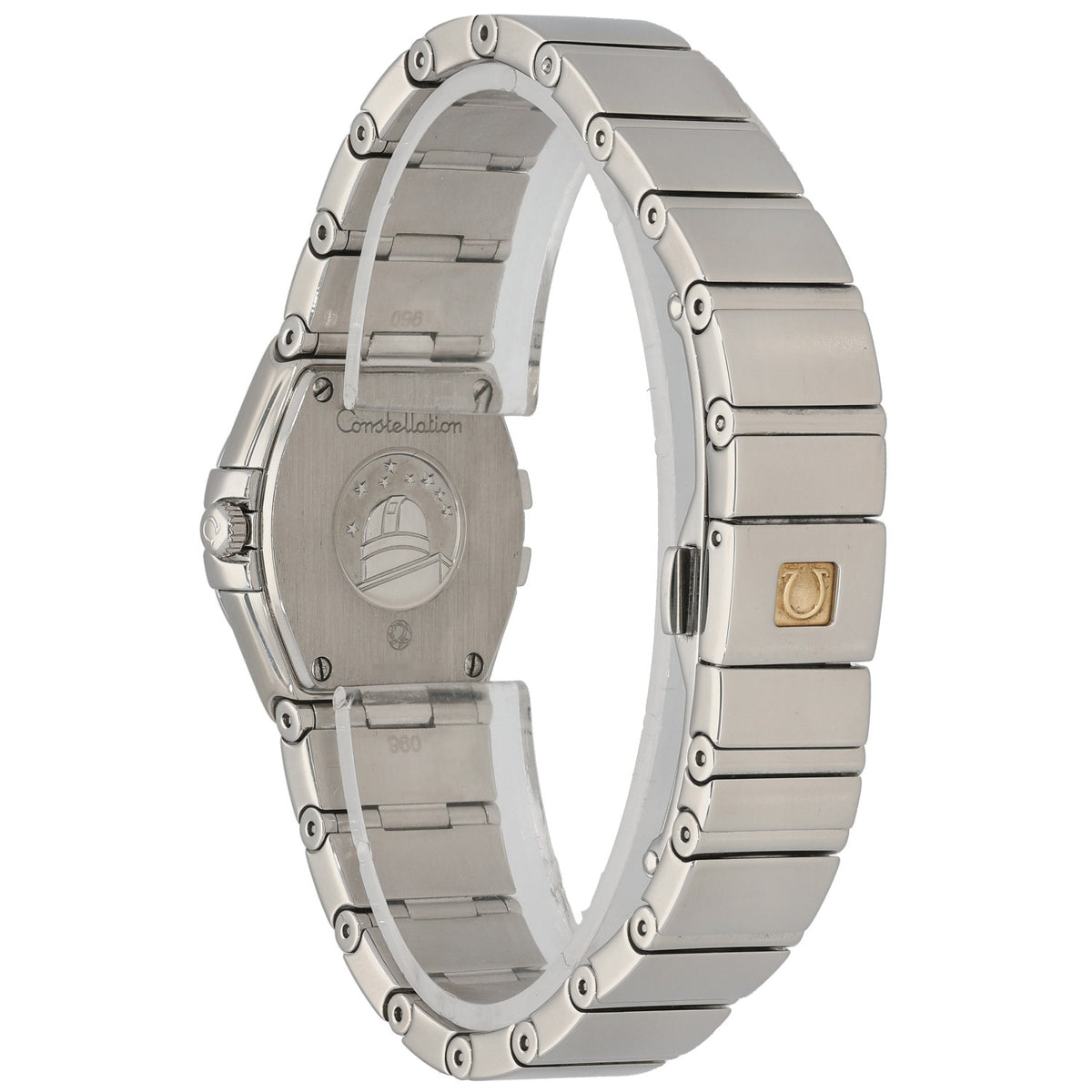 Stainless steel watch case with link bracelet, caseback with emblem, side crown