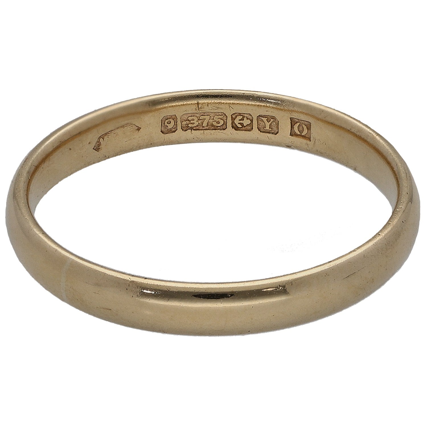 Gold band ring inside with hallmarks and maker stamp