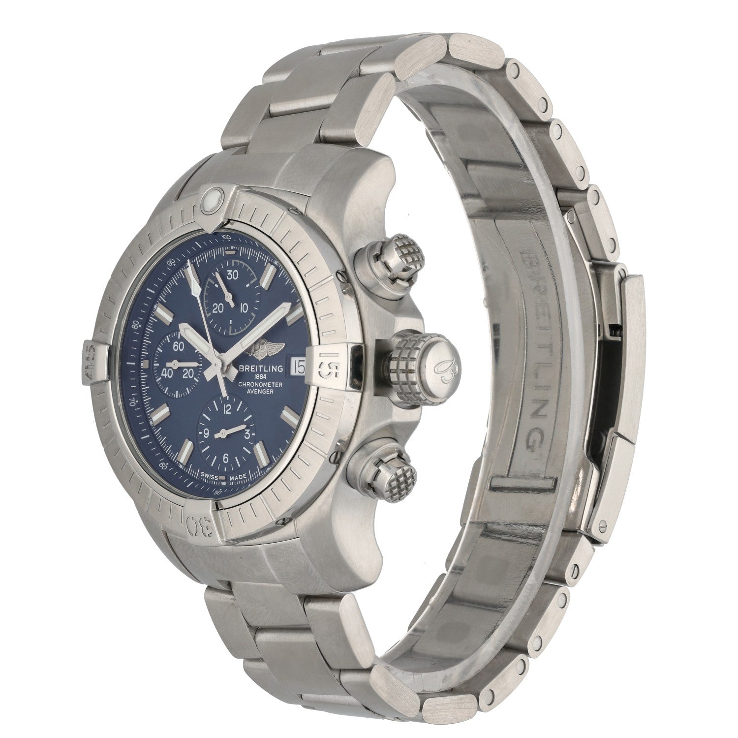 Breitling Chrono Avenger A13385, 43mm case, blue dial