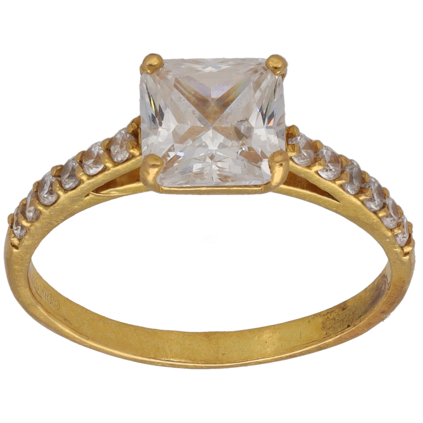 Gold CZ single-stone ring with rectangular clear stone and small side accent stones