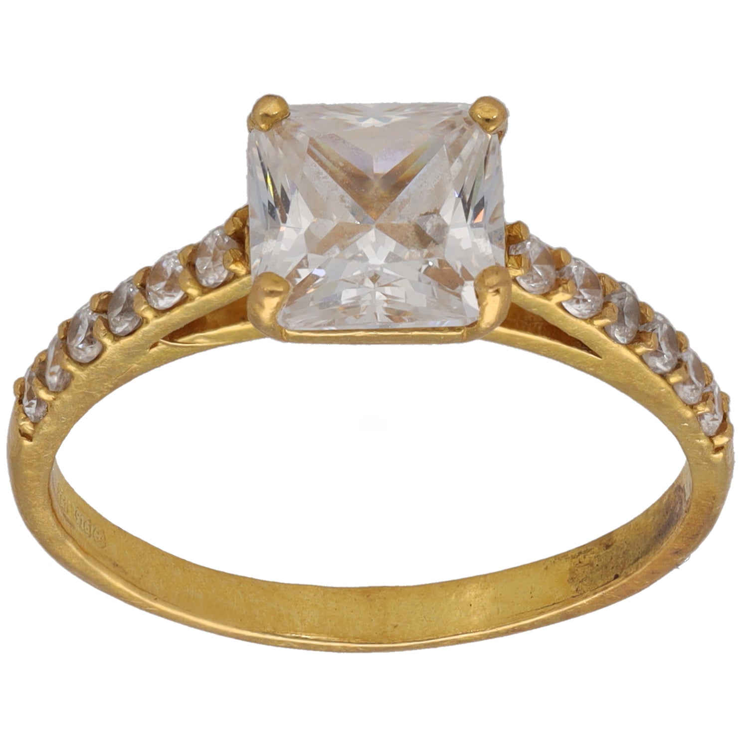 Gold CZ single-stone ring with rectangular clear stone and small side accent stones