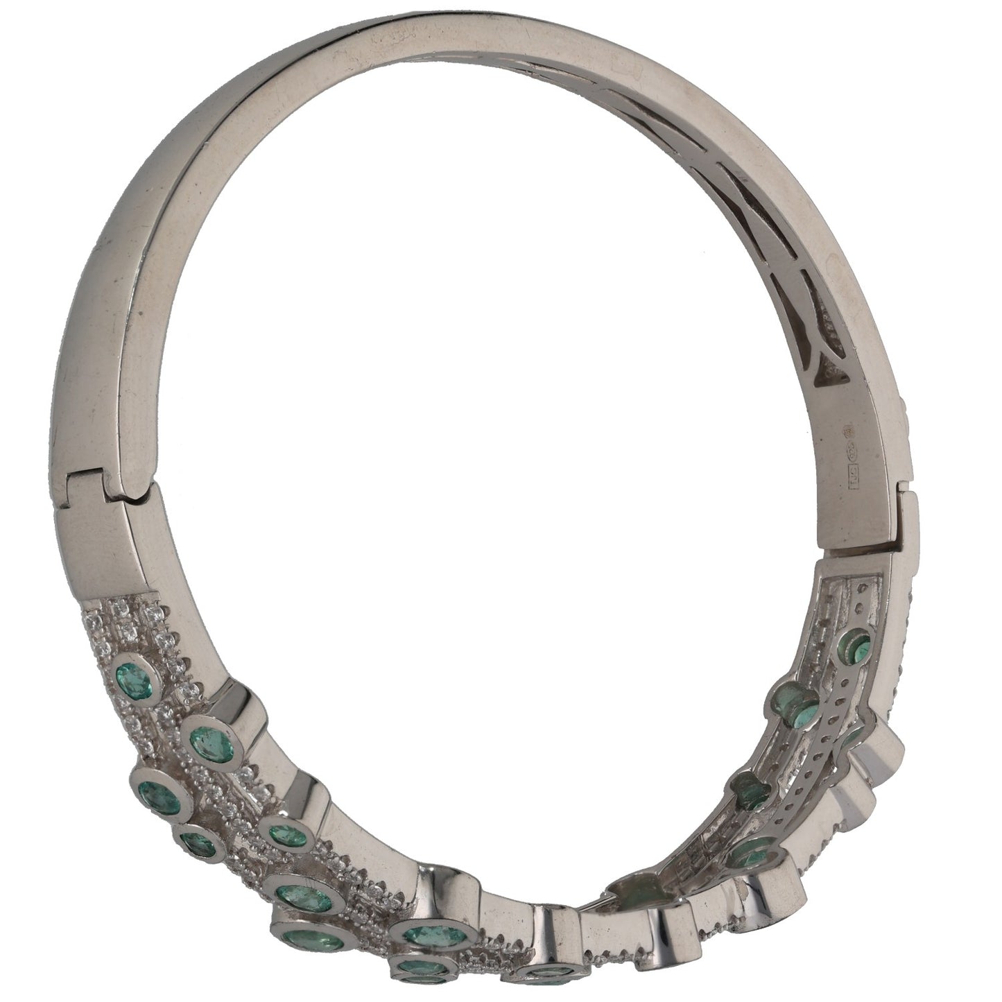 Sterling Silver Emerald & Cubic Zirconia Hinged/Clasp Bangle