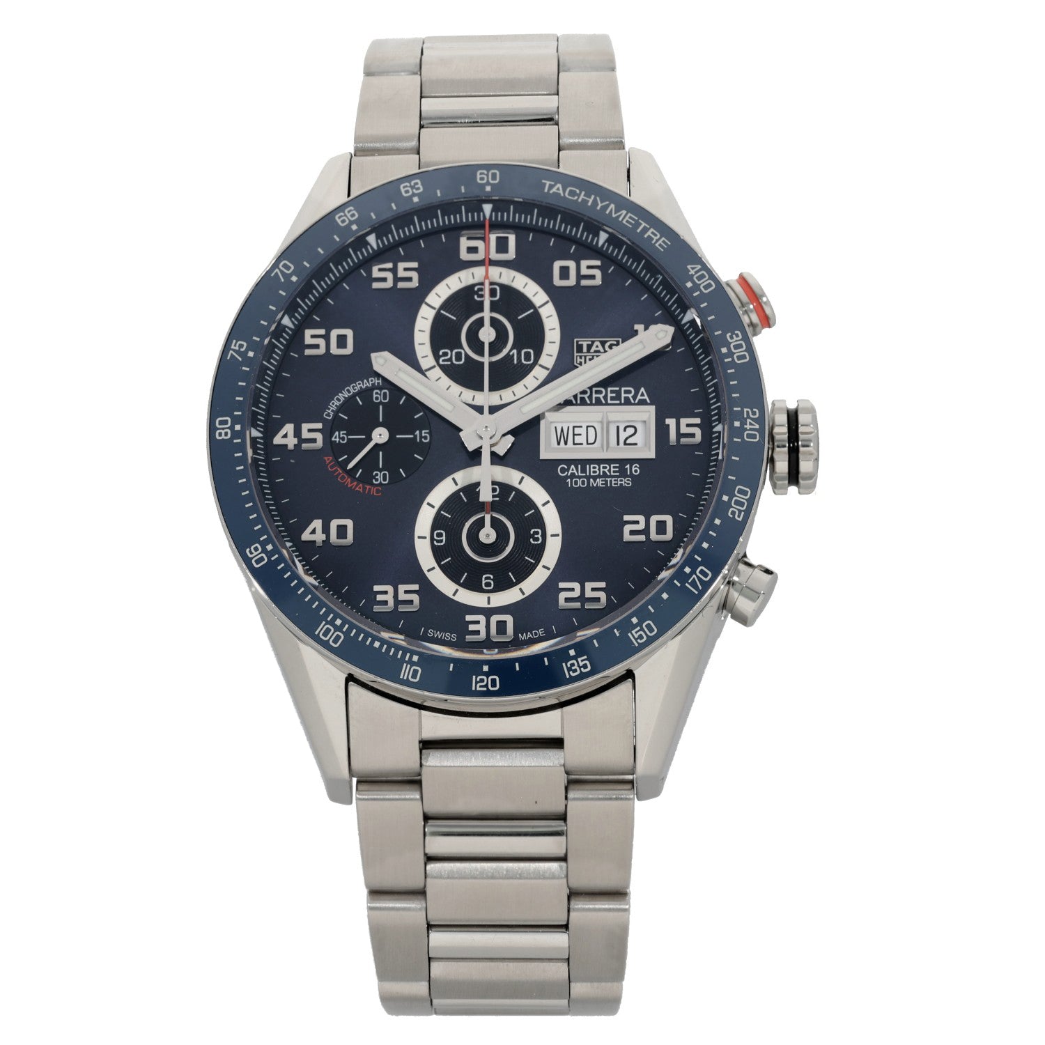 Tag Heuer Carrera CV2A1V, with rich blue dial and bezel with a tachy meter and other sub dials.