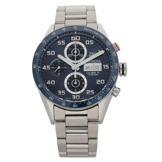 Tag Heuer Carrera CV2A1V, with rich blue dial and bezel with a tachy meter and other sub dials.