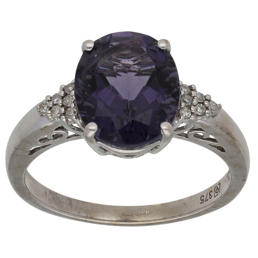 9ct White Gold Iolite & 0.06ct Diamond Dress/Cocktail Ring Size P