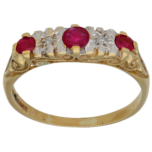 9ct Gold Ruby & 0.02ct Diamond Half Eternity Ring Size Q