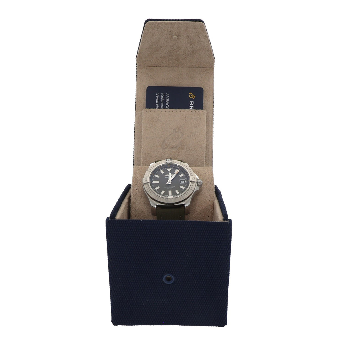 Breitling Avenger A17318, with grey dial and a khaki green fabric/nato bracelet, presented in Nreitling box with the guarantee
