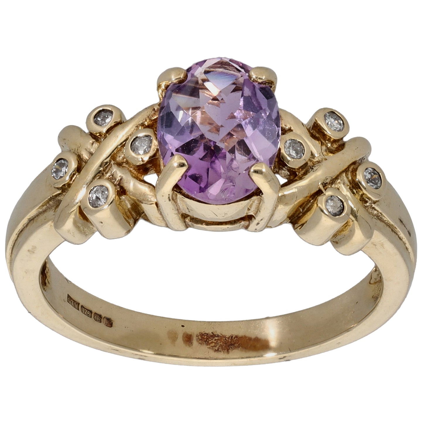 9ct Gold 0.08ct Diamond & Amethyst Single Stone Ring with Accent Stones Size N