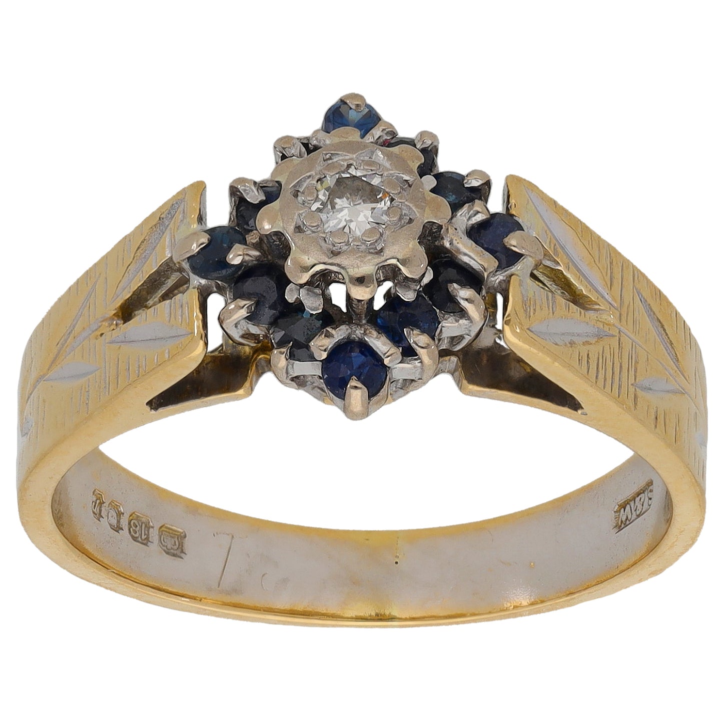 18ct Bi-Colour Gold Sapphire & 0.05ct Diamond Cluster Ring Size N