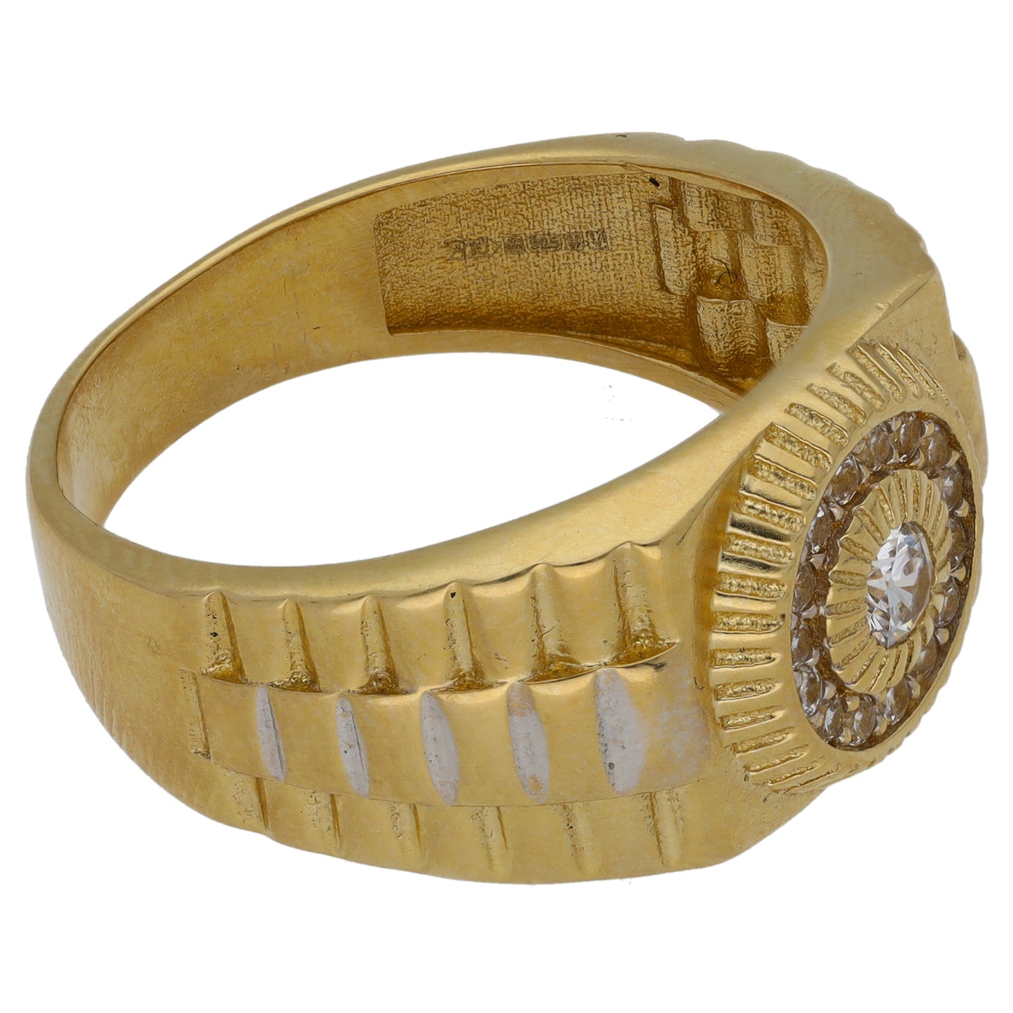 14ct Bi-Colour Gold Cubic Zirconia Patterned Signet Ring Size X