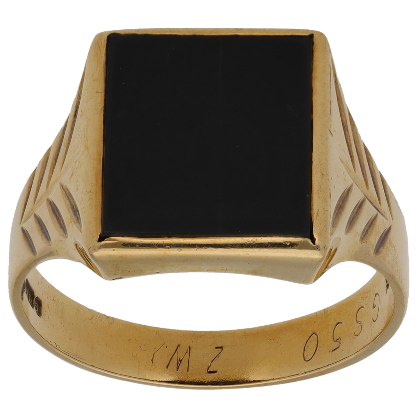 9ct Gold Onyx Single Stone Patterned Signet Ring Size V