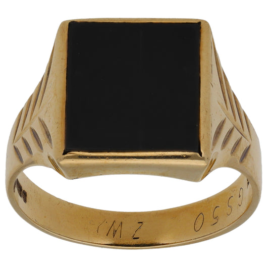9ct Gold Onyx Single Stone Patterned Signet Ring Size V