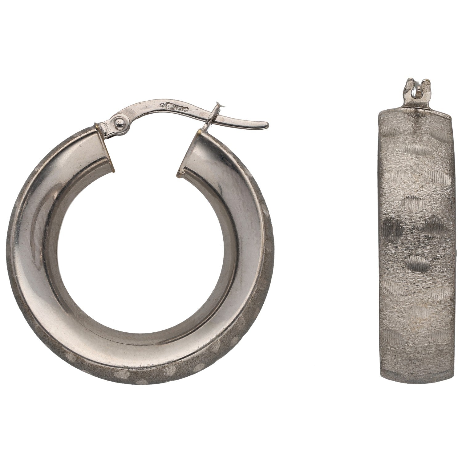 9ct white gold hoop earrings with hinged clasp, round hollow design