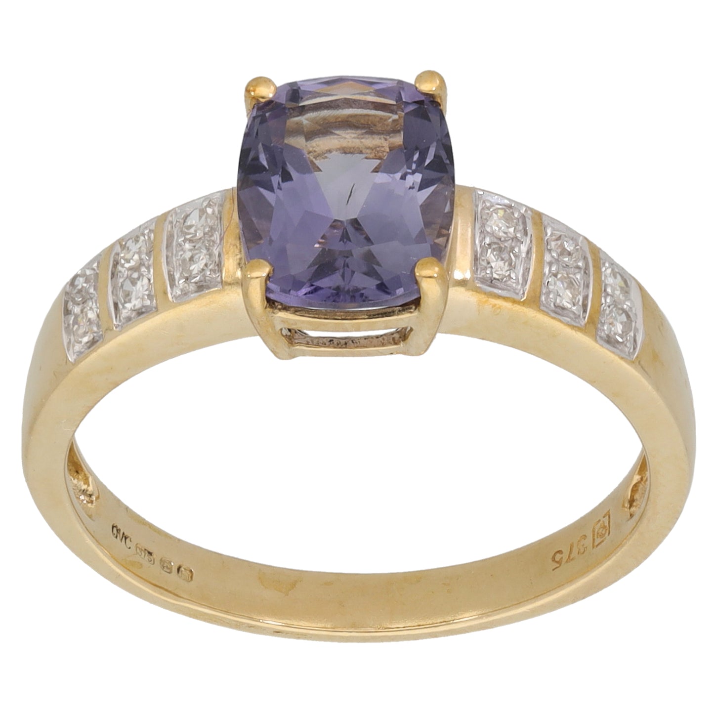 9ct Gold Iolite & 0.12ct Diamond Single Stone Ring with Accent Stones Size S