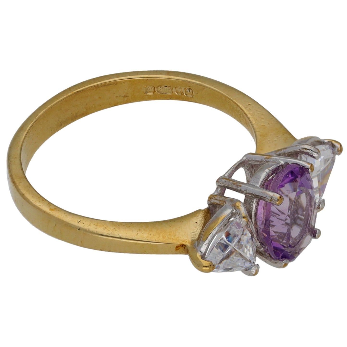 9ct Gold Amethyst & Cubic Zirconia Trilogy Ring Size O