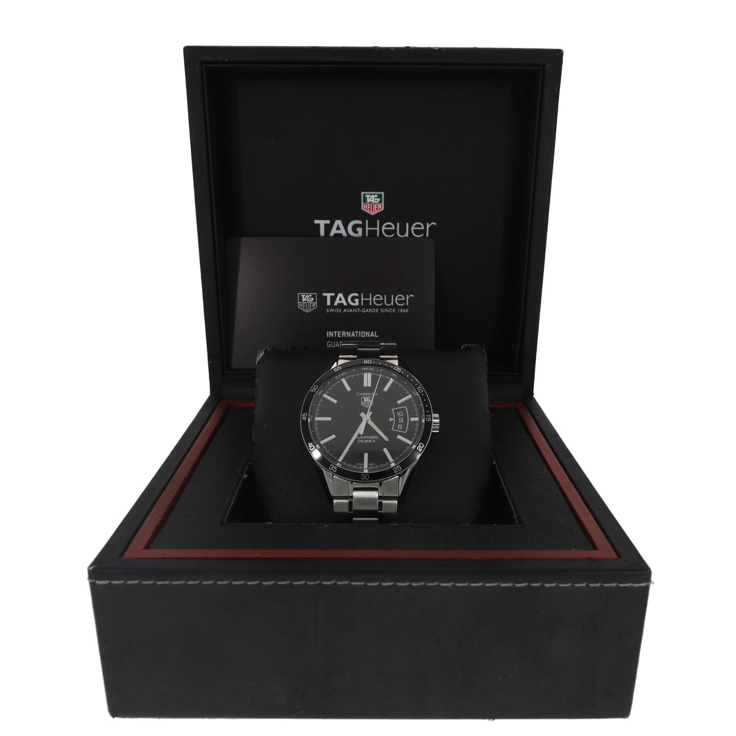 Tag Heuer Carrera WV211M, stainless steel bracelet and case housing a black dial with baton hour markers, box image