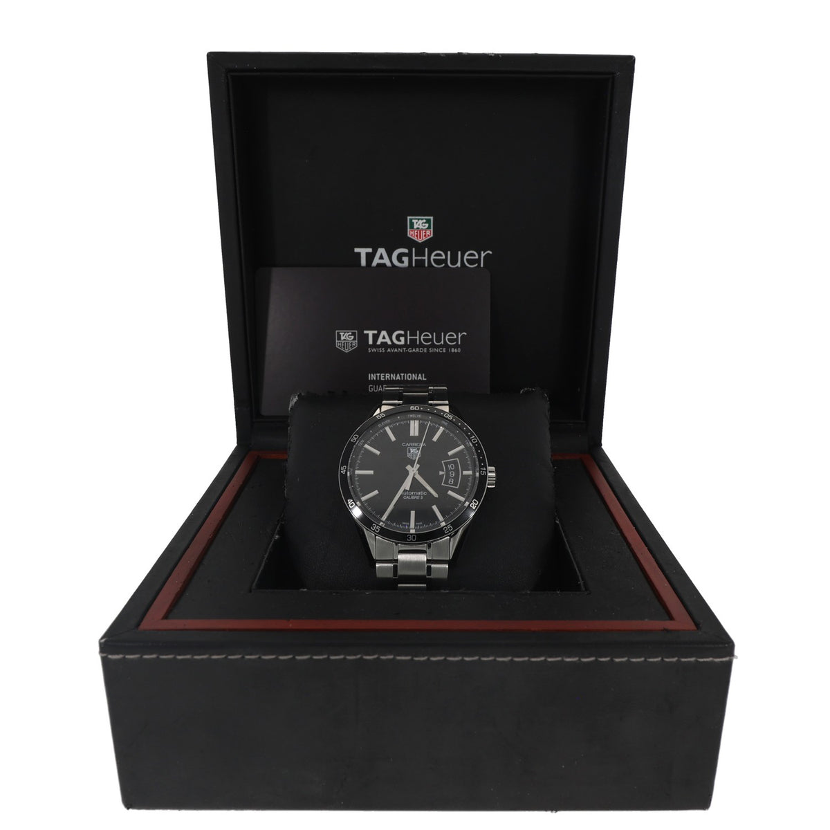 Tag Heuer Carrera WV211M, stainless steel bracelet and case housing a black dial with baton hour markers, box image