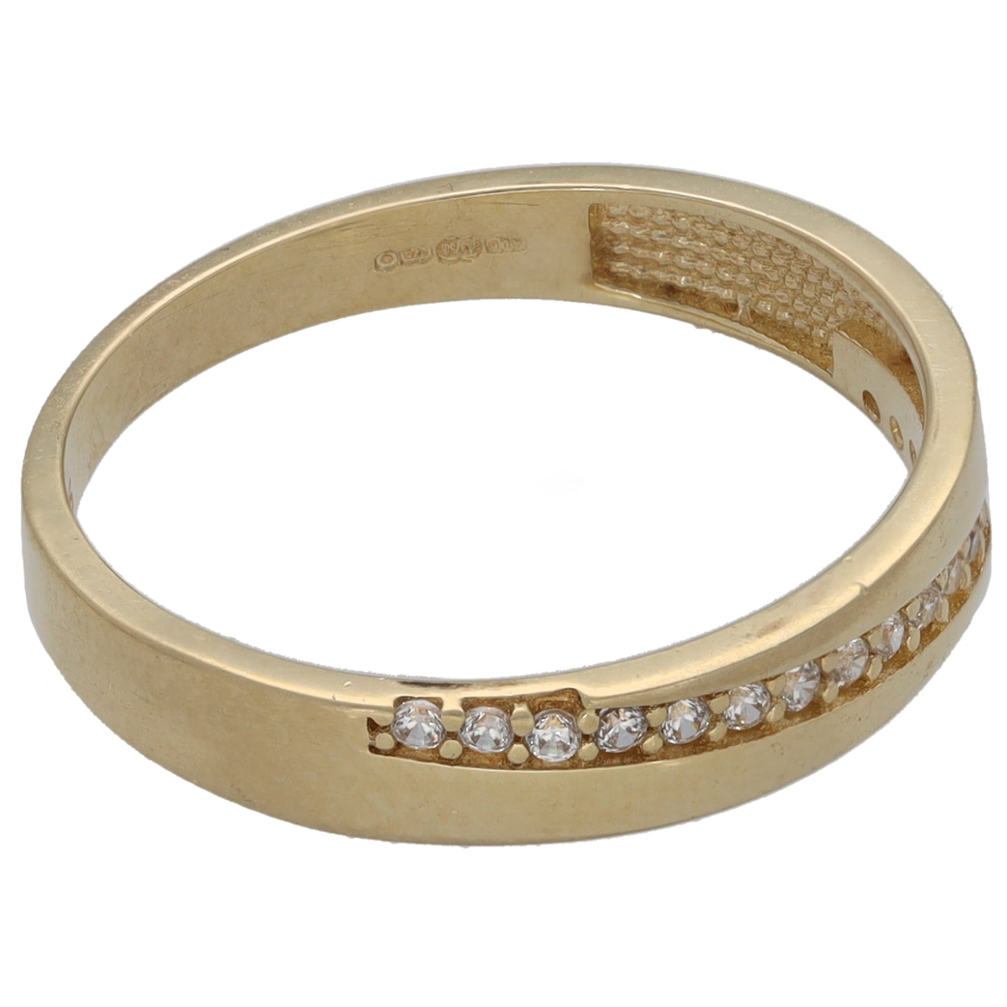 Gold CZ half-eternity ring with inset clear stones, inner hallmark visible