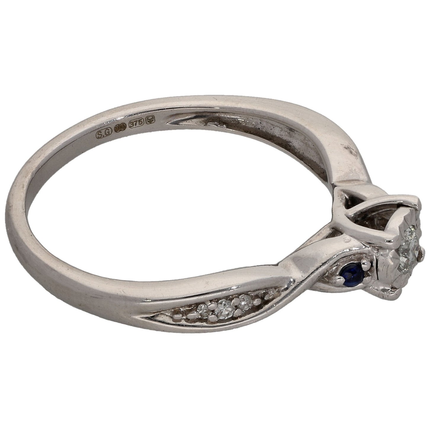 9ct White Gold 0.10ct Diamond & Sapphire Solitaire Ring With Accent Stones Size L